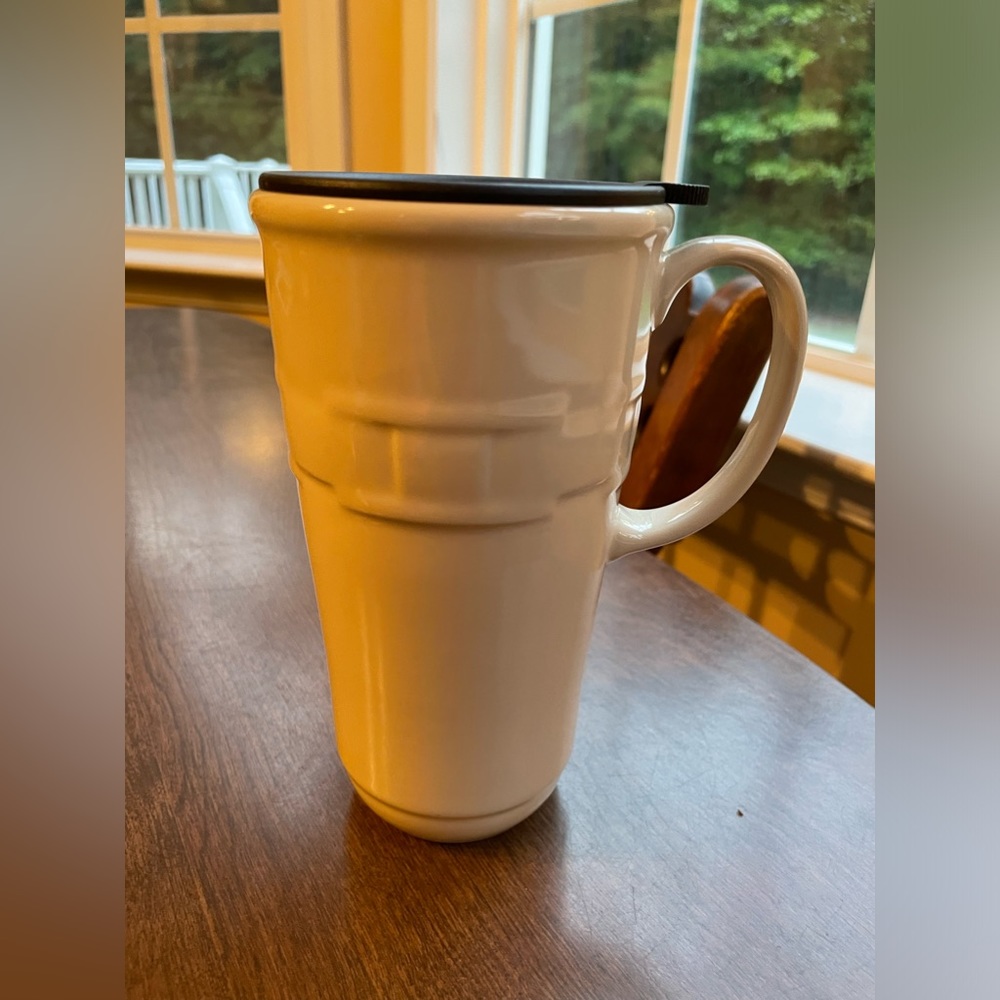 Longaberger ivory pottery tall mug with handle and lid